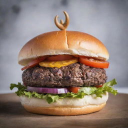 A delicious burger with two horns protruding from the bun