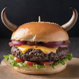 A delicious burger with two horns protruding from the bun