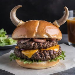 A delicious burger with two horns protruding from the bun