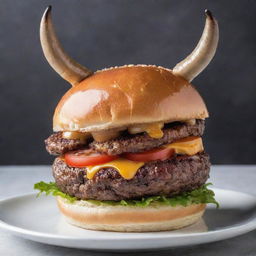 A delicious burger with two horns protruding from the bun