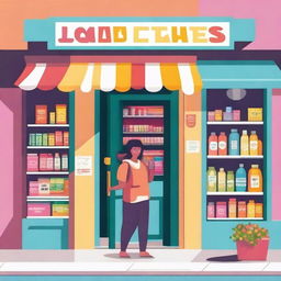 A colorful and vibrant image of a small local store, with a welcoming entrance, various products displayed outside, and a friendly shopkeeper standing at the door