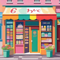 A colorful and vibrant image of a small local store, with a welcoming entrance, various products displayed outside, and a friendly shopkeeper standing at the door