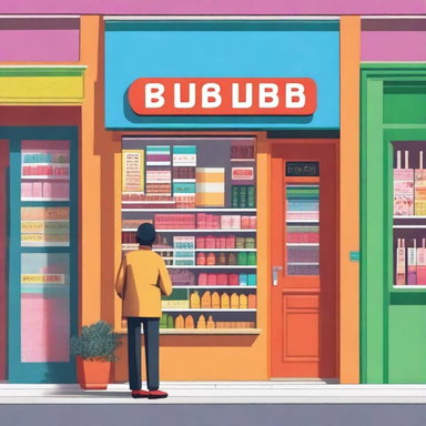 A colorful and vibrant image of a small local store, with a welcoming entrance, various products displayed outside, and a friendly shopkeeper standing at the door