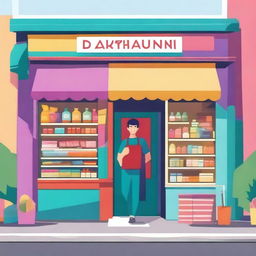 A colorful and vibrant image of a small local store, with a welcoming entrance, various products displayed outside, and a friendly shopkeeper standing at the door