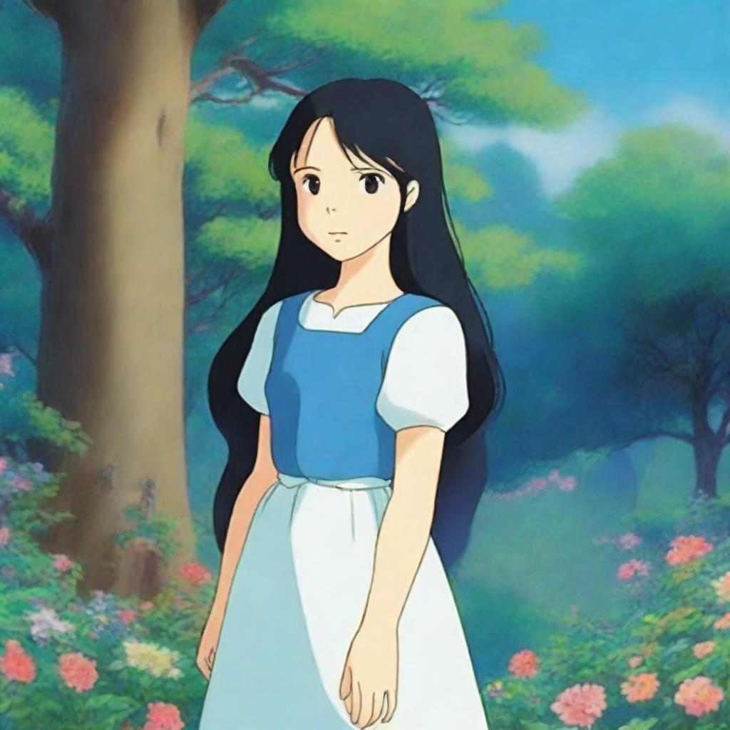 A 15-year-old girl with long black hair and blue eyes, depicted in the whimsical and enchanting style of Studio Ghibli