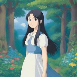 A 15-year-old girl with long black hair and blue eyes, depicted in the whimsical and enchanting style of Studio Ghibli