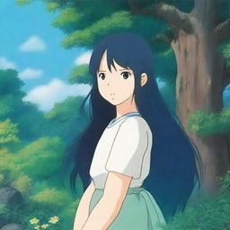 A 15-year-old girl with long black hair and blue eyes, depicted in the whimsical and enchanting style of Studio Ghibli