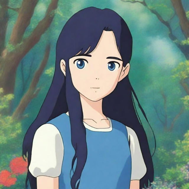 A 15-year-old girl with long black hair and blue eyes, depicted in the whimsical and enchanting style of Studio Ghibli