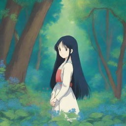 An 18-year-old girl with long black hair and blue eyes, depicted in the whimsical and enchanting style of Studio Ghibli