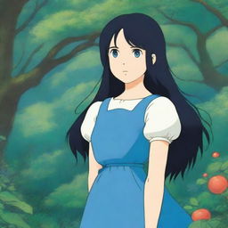 An 18-year-old girl with long black hair and blue eyes, depicted in the whimsical and enchanting style of Studio Ghibli