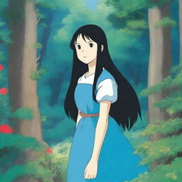 An 18-year-old girl with long black hair and blue eyes, depicted in the whimsical and enchanting style of Studio Ghibli