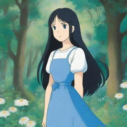 An 18-year-old girl with long black hair and blue eyes, depicted in the whimsical and enchanting style of Studio Ghibli