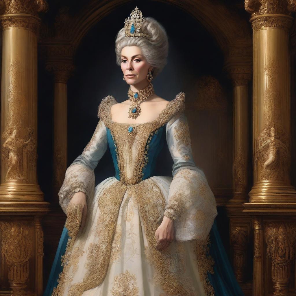 A detailed illustration of Circa from Planet of the Apes dressed as Catherine the Great