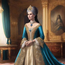 A detailed illustration of Zira from Planet of the Apes dressed as Catherine the Great