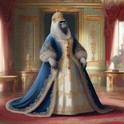 A detailed illustration of a gorilla dressed as Catherine the Great