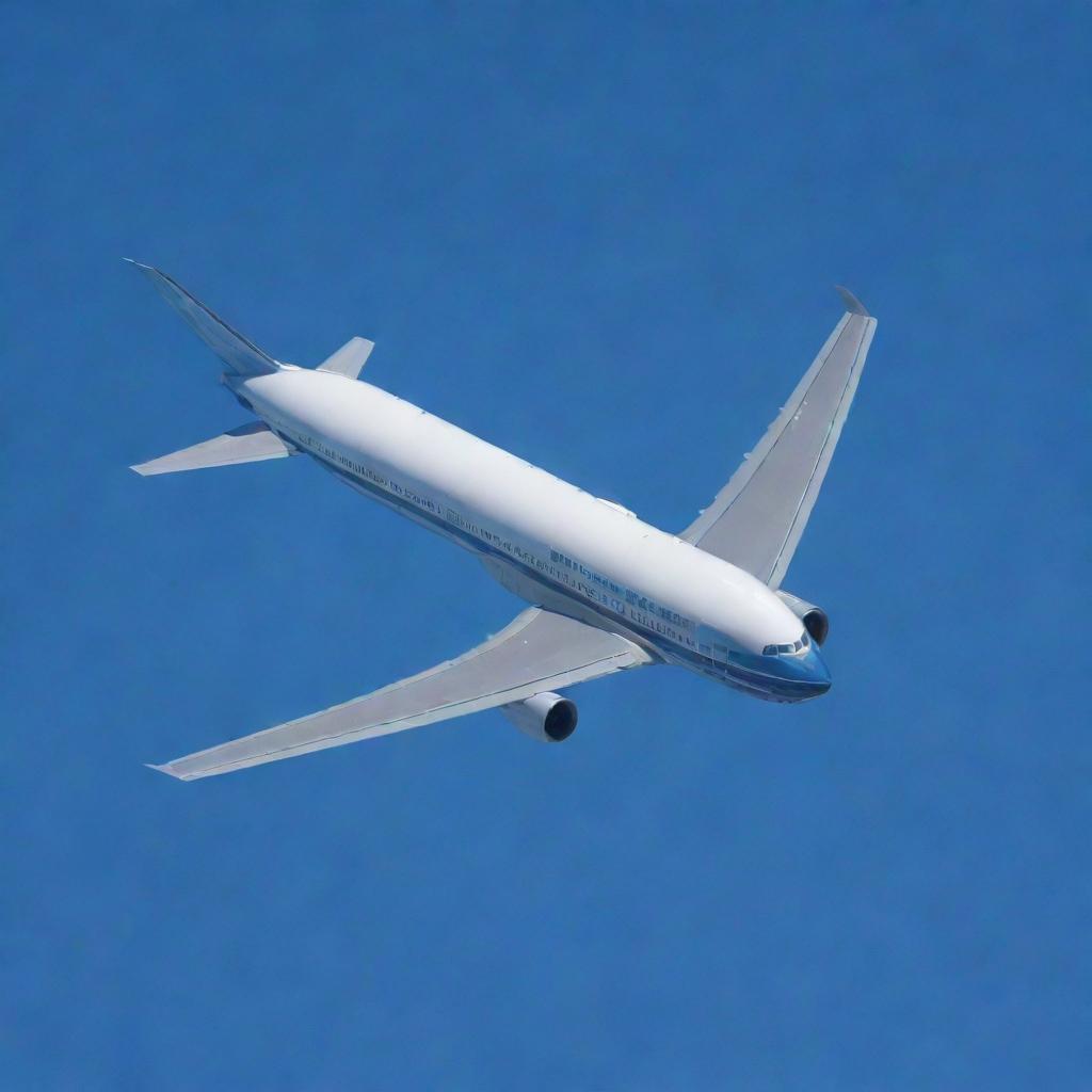 A highly detailed Boeing 777 airplane in mid-flight against a clear blue sky