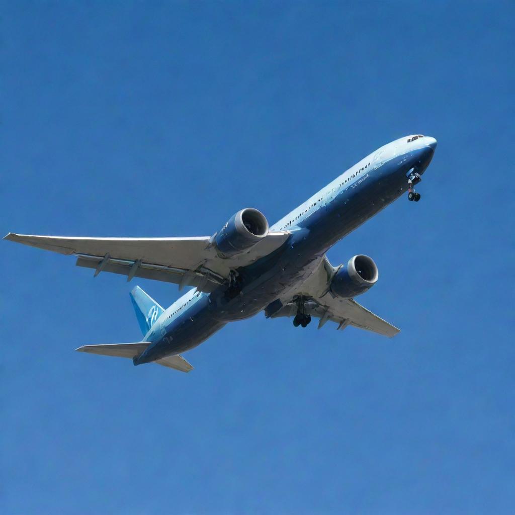 A highly detailed Boeing 777 airplane in mid-flight against a clear blue sky