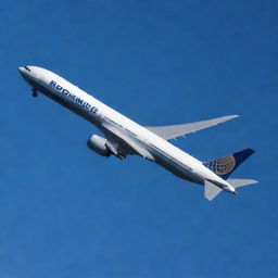 A highly detailed Boeing 777 airplane in mid-flight against a clear blue sky