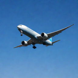 A highly detailed Boeing 777 airplane in mid-flight against a clear blue sky