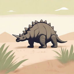 A minimalist style illustration of an Ankylosaurus in the grasslands, turned to the right