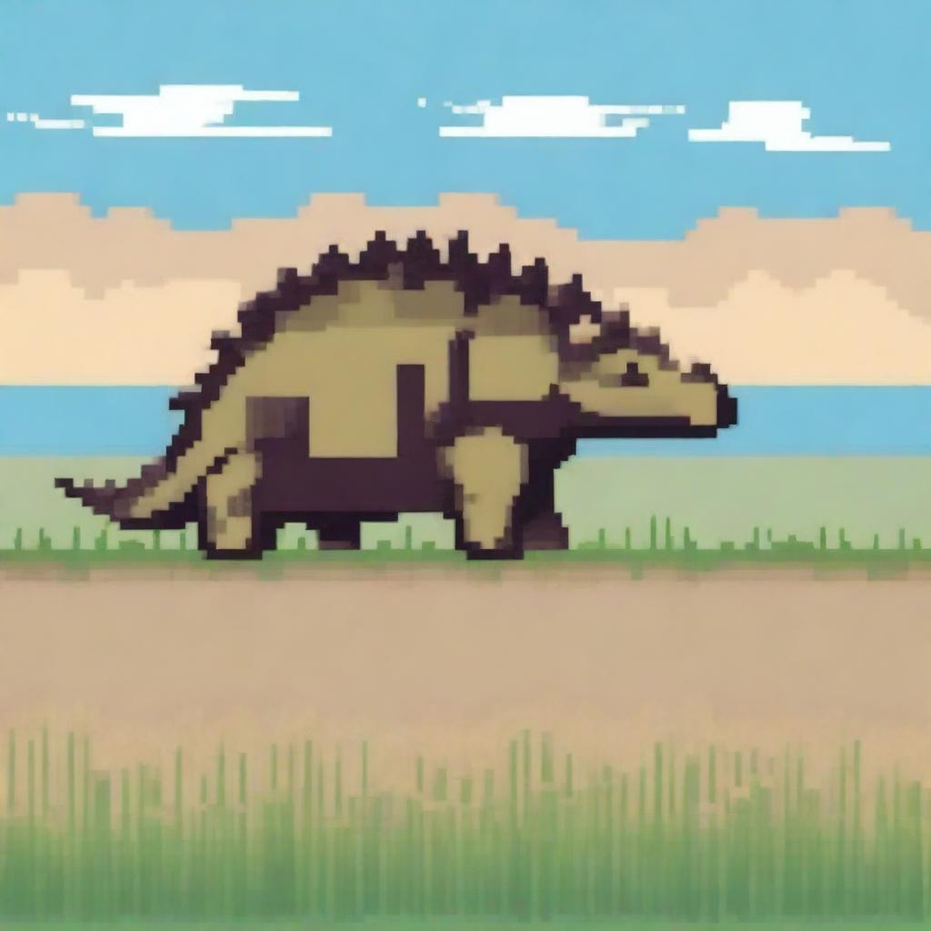 A minimalist style pixel art illustration of an Ankylosaurus in the grasslands, turned to the right