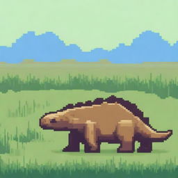 A minimalist style pixel art illustration of an Ankylosaurus in the grasslands, turned to the right