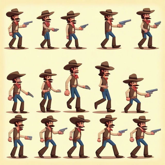 Create a set of character movement frames for a 2D platformer game in the style of the Wild West