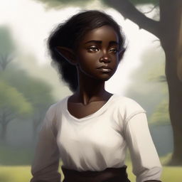 A halfling woman with dark skin, wearing pure white clothes