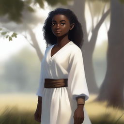 A halfling woman with dark skin, wearing pure white clothes