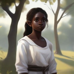 A halfling woman with dark skin, wearing pure white clothes