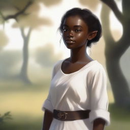 A halfling woman with dark skin, wearing pure white clothes