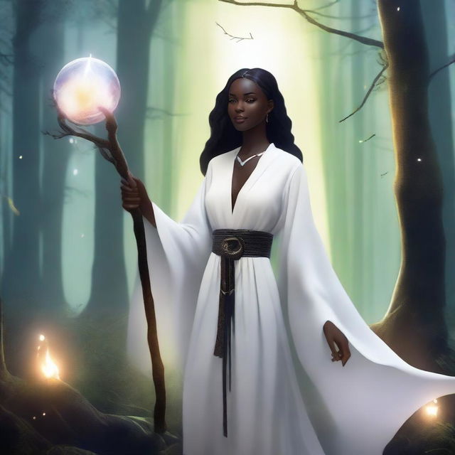 A small woman with dark skin and pointy ears, dressed in pure white robes