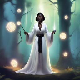 A small woman with dark skin and pointy ears, dressed in pure white robes