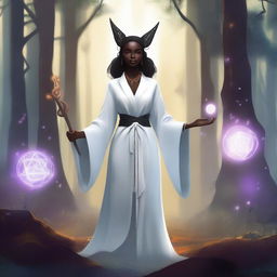 A small woman with dark skin and pointy ears, dressed in pure white robes