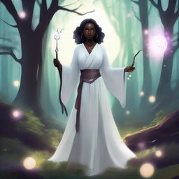 A small woman with dark skin and pointy ears, dressed in pure white robes