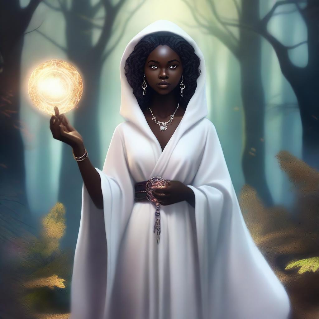 A small woman with dark skin and pointy ears, dressed in pure white robes