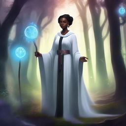 A small woman with dark skin and pointy ears, dressed in pure white robes