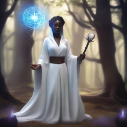 A small woman with dark skin and pointy ears, dressed in pure white robes