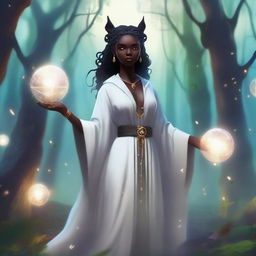 A small woman with dark skin and pointy ears, dressed in pure white robes