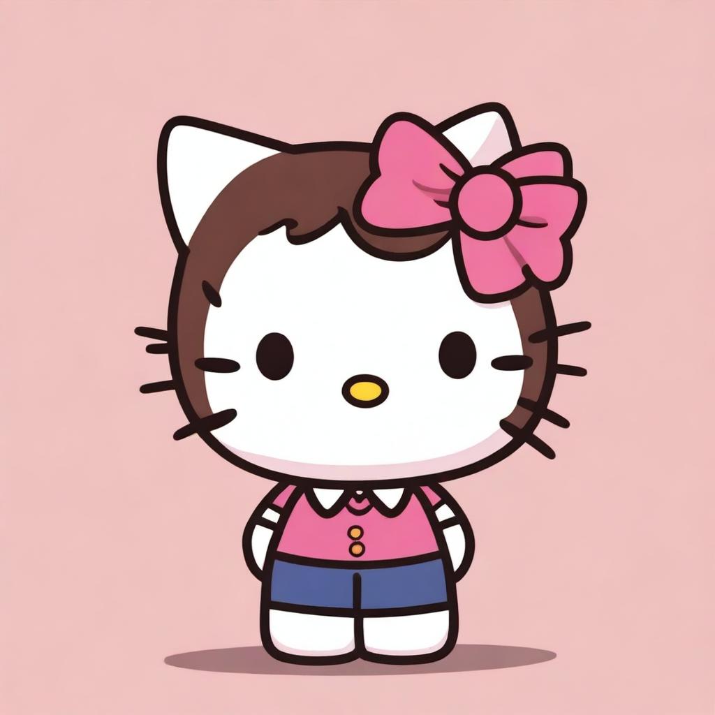 A Hello Kitty character styled as a man with brown, slightly curly hair and brown eyes