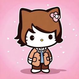 A Hello Kitty character styled as a man with brown, slightly curly hair and brown eyes