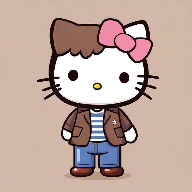 A Hello Kitty character styled as a man with brown, slightly curly hair and brown eyes