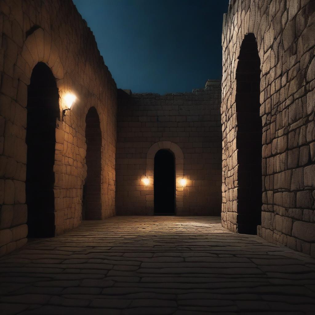 POV of standing in a dark stone oval arena