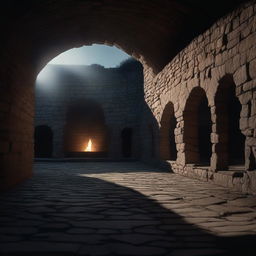 POV of standing in a dark stone oval arena