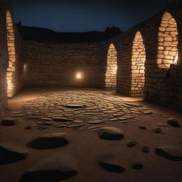 An oval stone arena with towering stone walls encircling the area