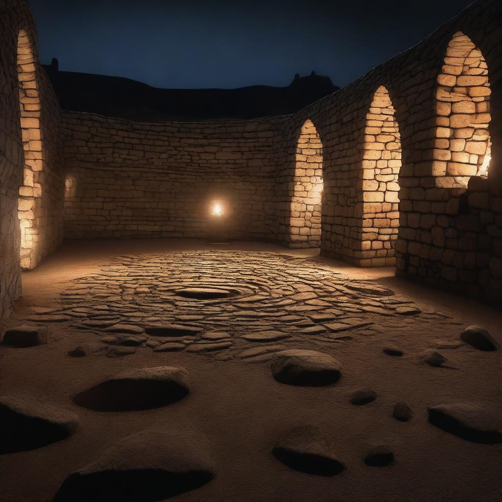 An oval stone arena with towering stone walls encircling the area