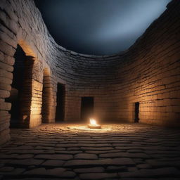 An oval stone arena with towering stone walls encircling the area