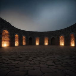 An oval stone arena with towering stone walls encircling the area