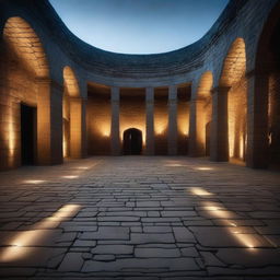 A dark, oval stone arena with a symmetric design