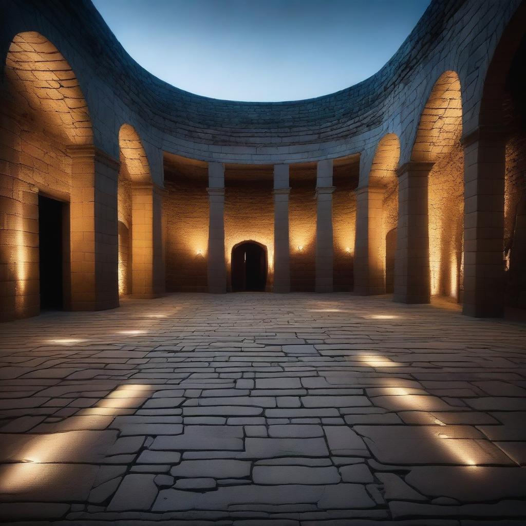 A dark, oval stone arena with a symmetric design